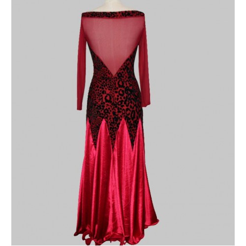 Black red velvet long sleeves see through back sexy satin women's competition flamenco performance ballroom tango waltz dance dresses